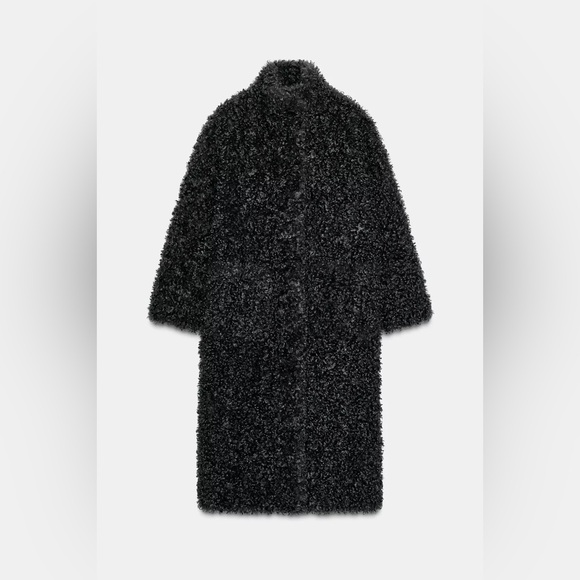 New Zara faux shearling long fleece teddy coat in taupe gray - small - Picture 8 of 11